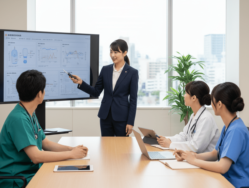 医師と看護師に説明するMRの女性の画像