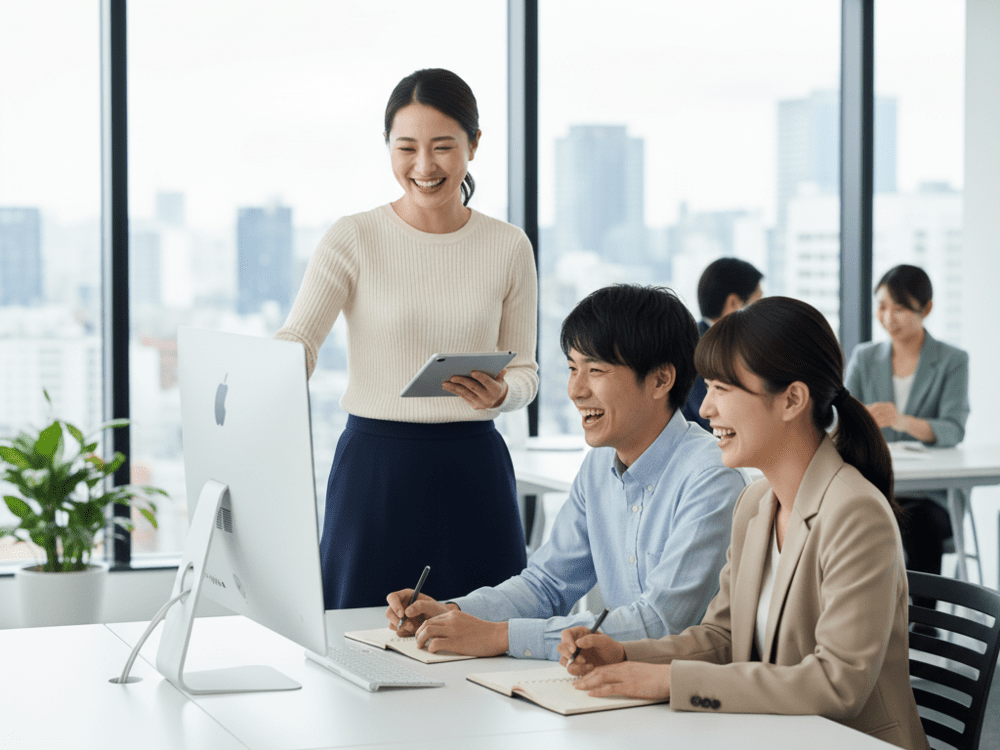 同僚とオフィスで仕事をしている女性の画像