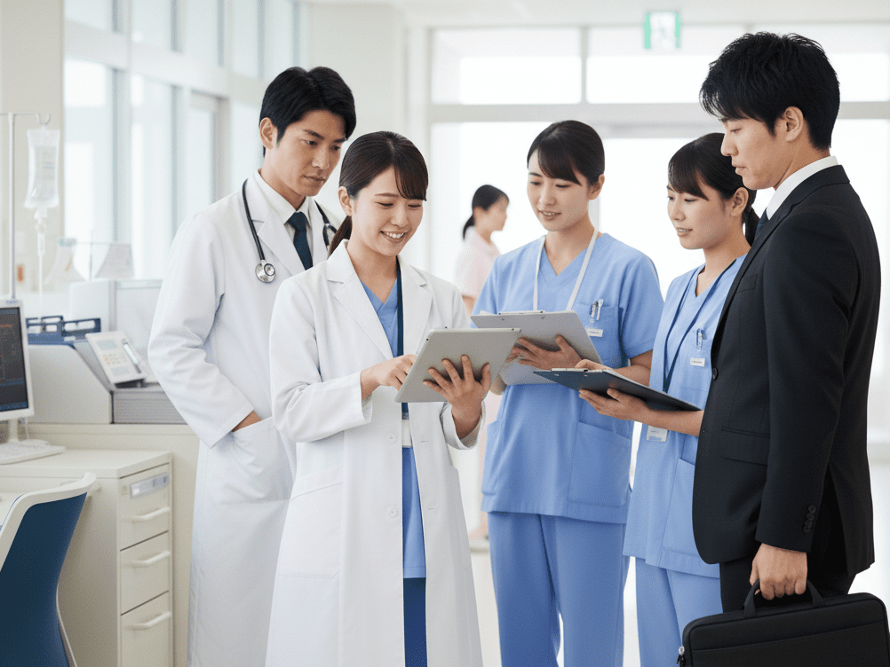 医師や医療従事者と相談するCRCの画像
