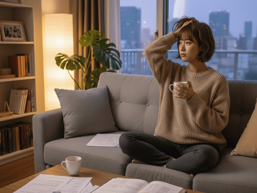 自宅のソファーで転職について悩んでいる女性