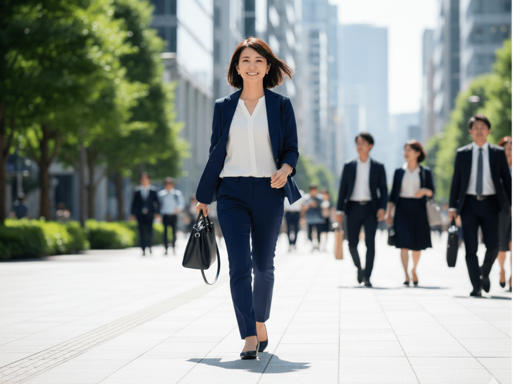 街中をスーツで颯爽と歩いている女性の画像