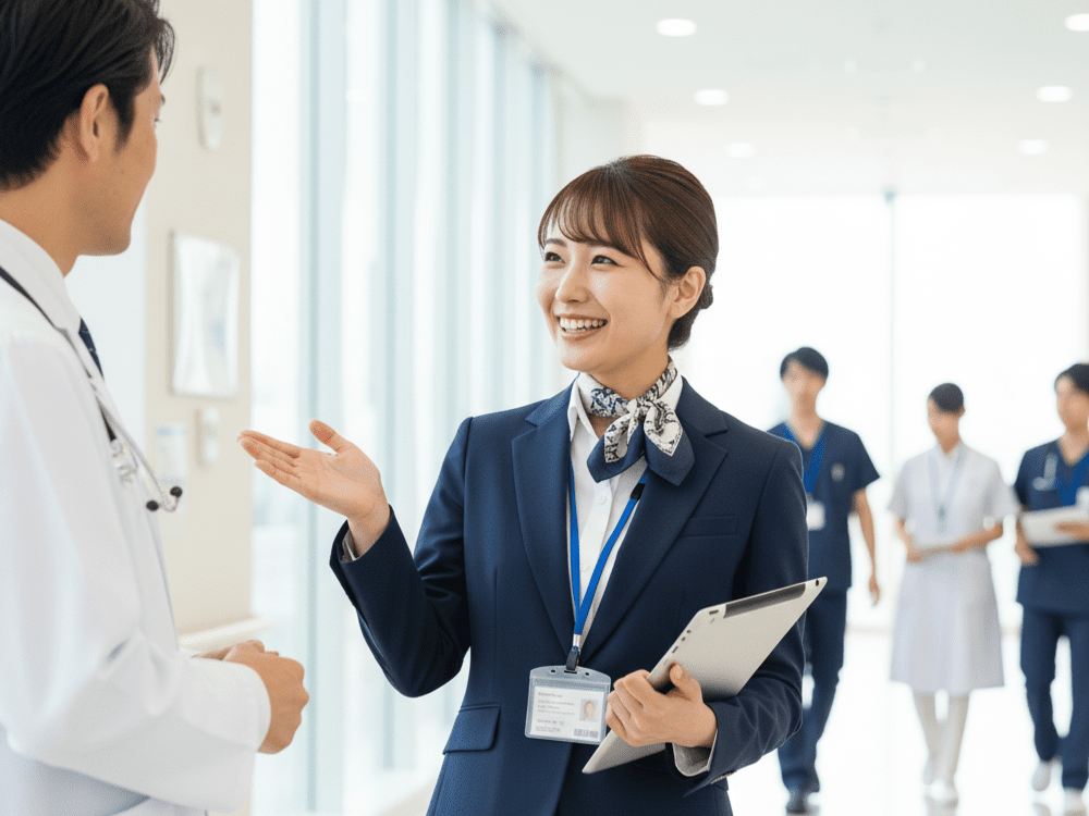 医師に説明をしているMRの女性の画像