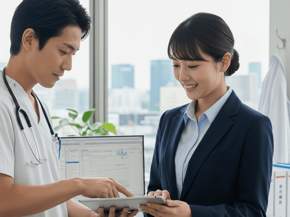 医師と相談をしているMRの女性の画像