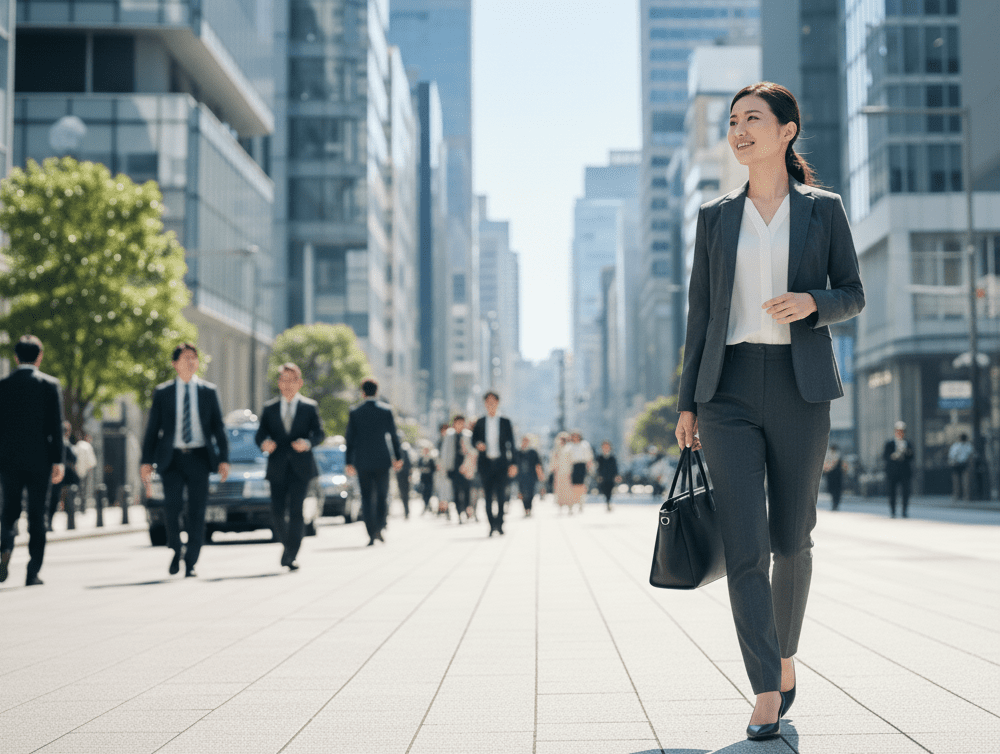 街中を歩いているMRの女性の画像