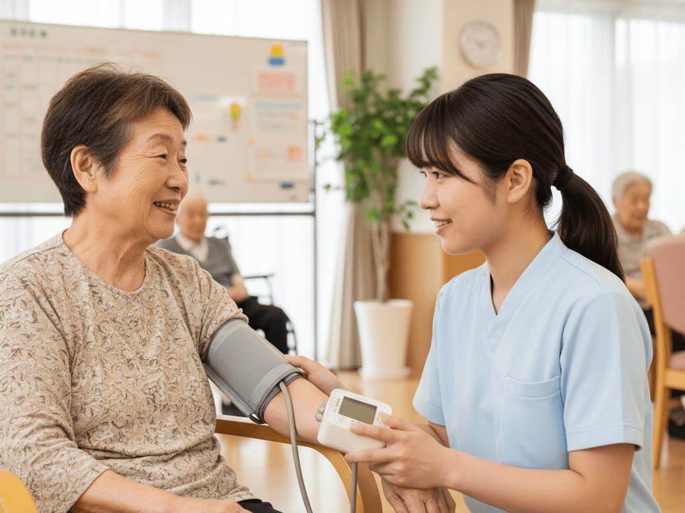 介護施設で血圧を測る女性の画像