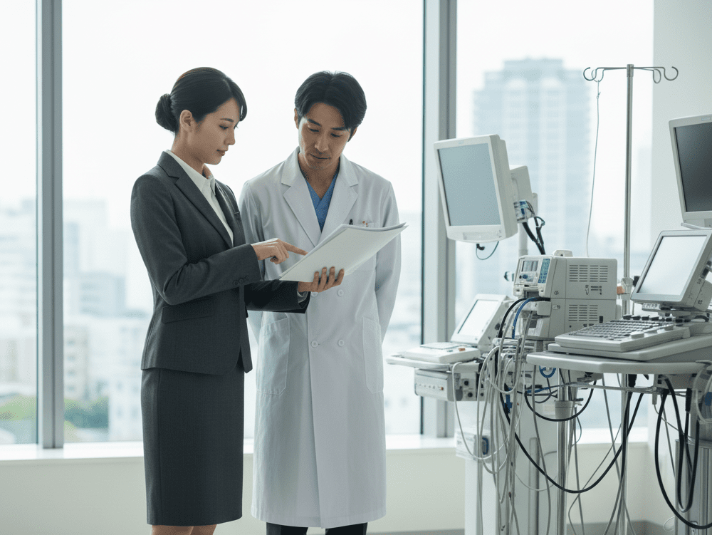 医師に医療機器の前での説明を行っているフィールドナースの画像
