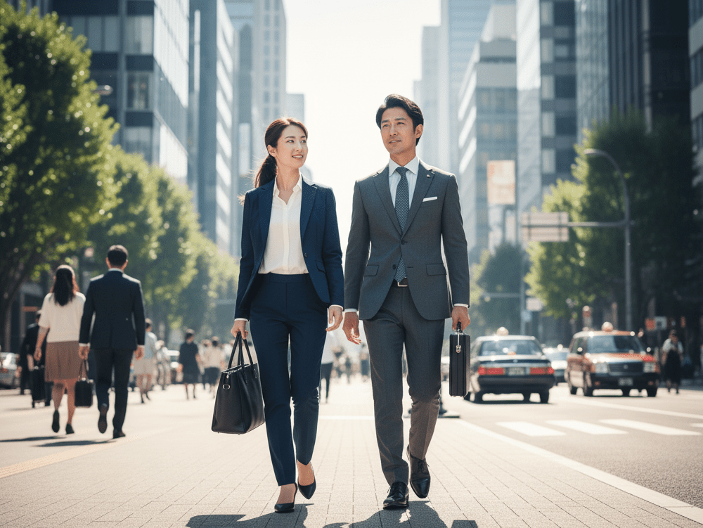 オフィス街を歩いている男女の画像
