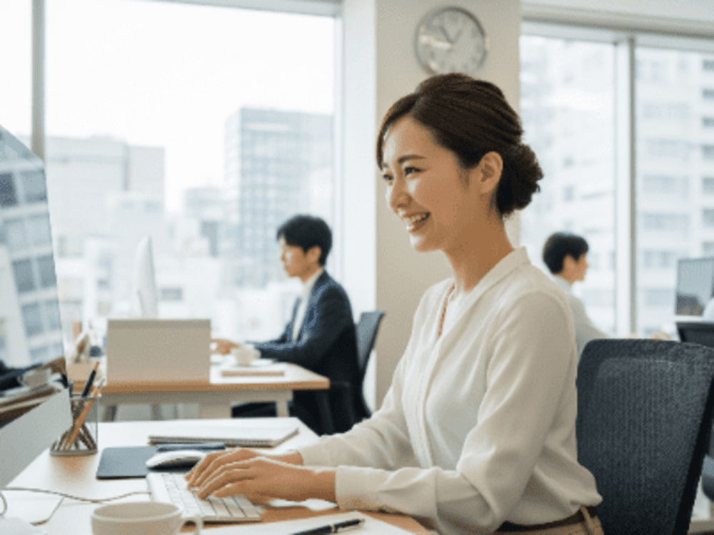 オフィスでデスクワークをする白いトップスの女性