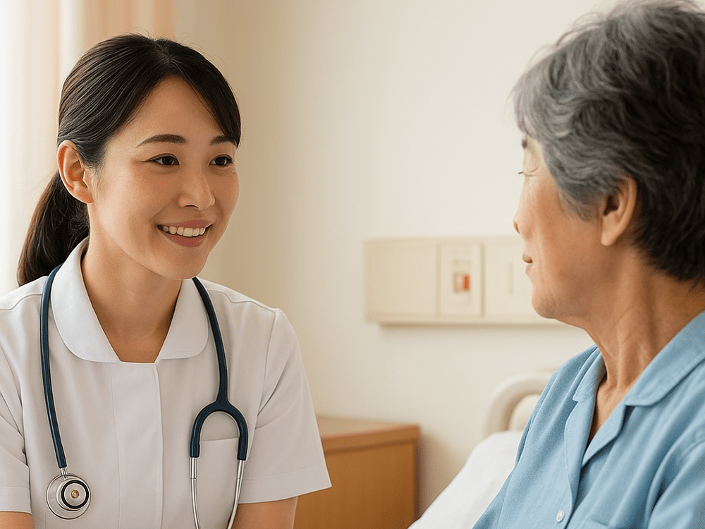 ベッドサイドで患者さんの話を聞く看護師の画像