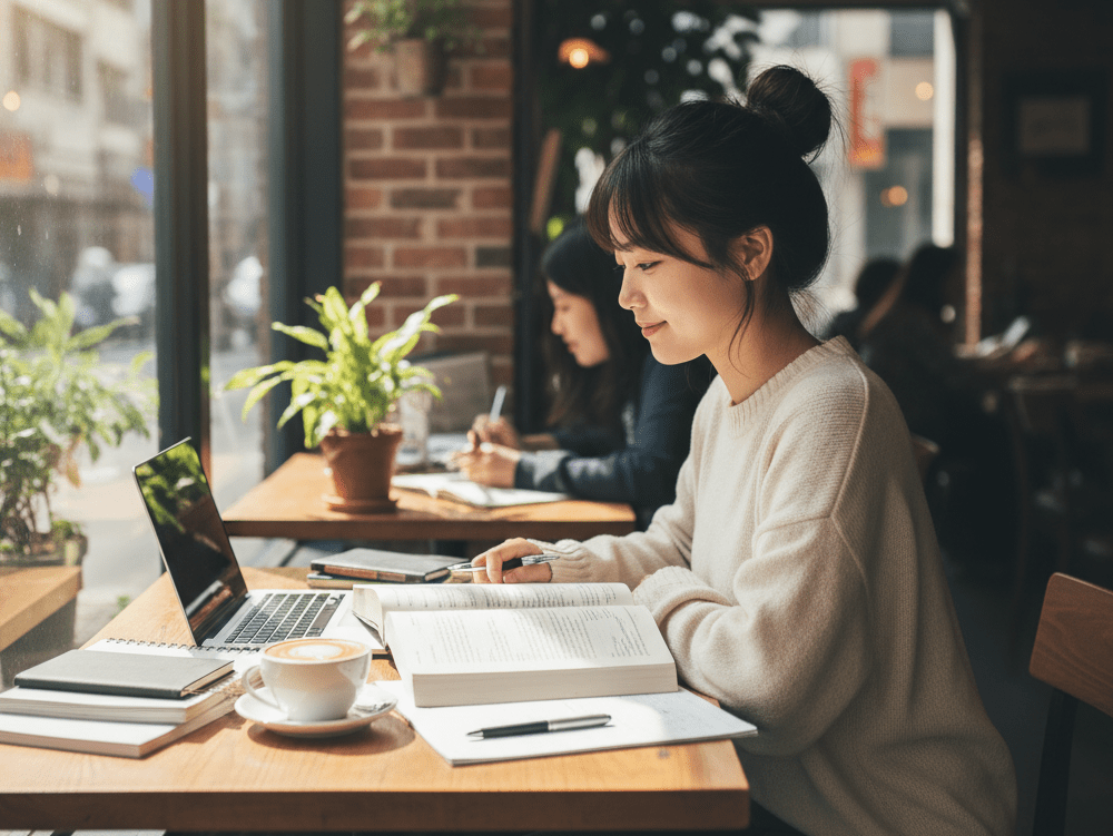 資格取得のためにカフェで勉強中の女性の画像