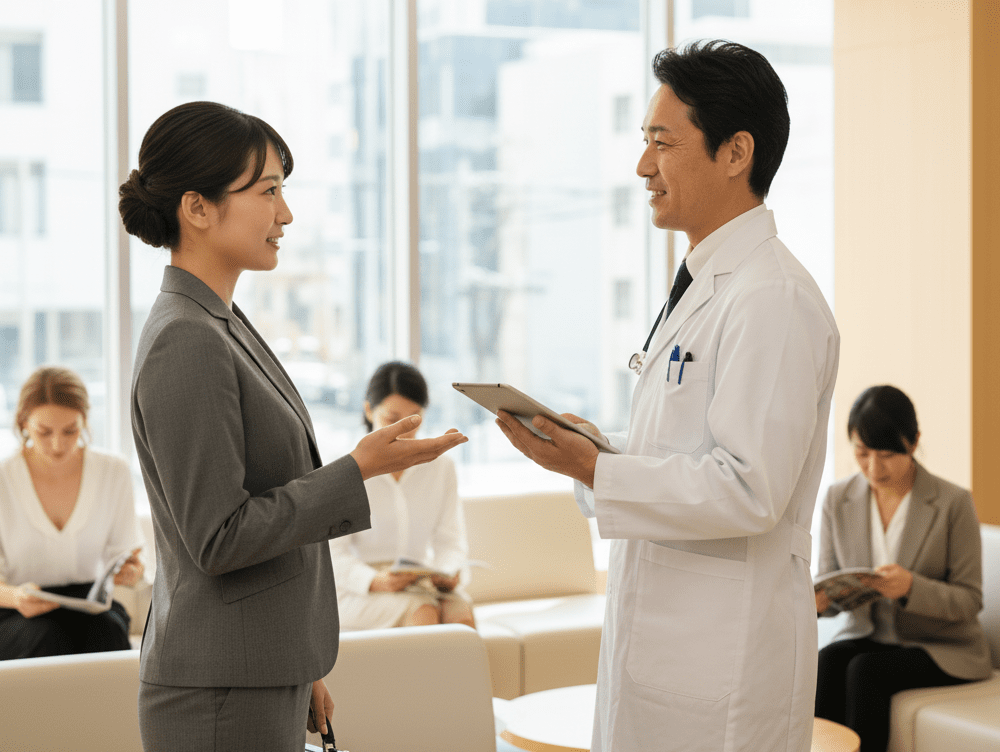 病院のロビーで医師と話すCRAの女性の画像