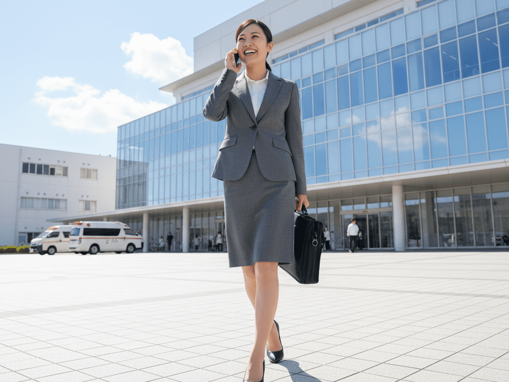 病院前で電話をするCRAの女性の画像