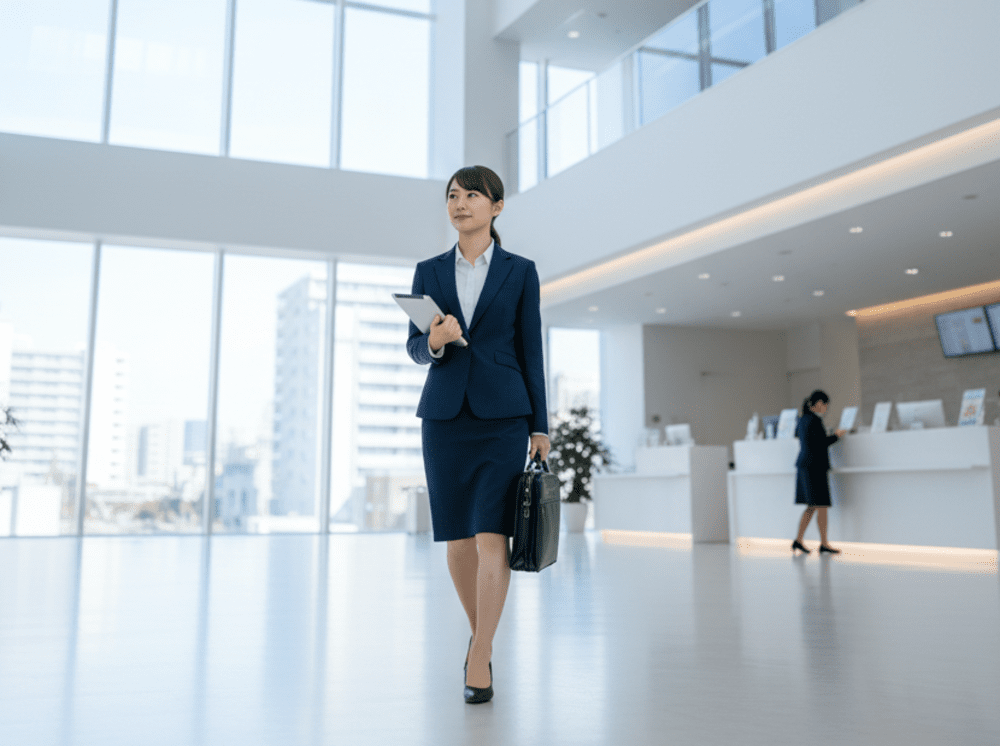 病院のロビーを歩いている女性の画像