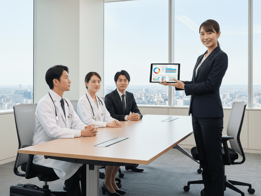 医師に説明をする女性MRの画像