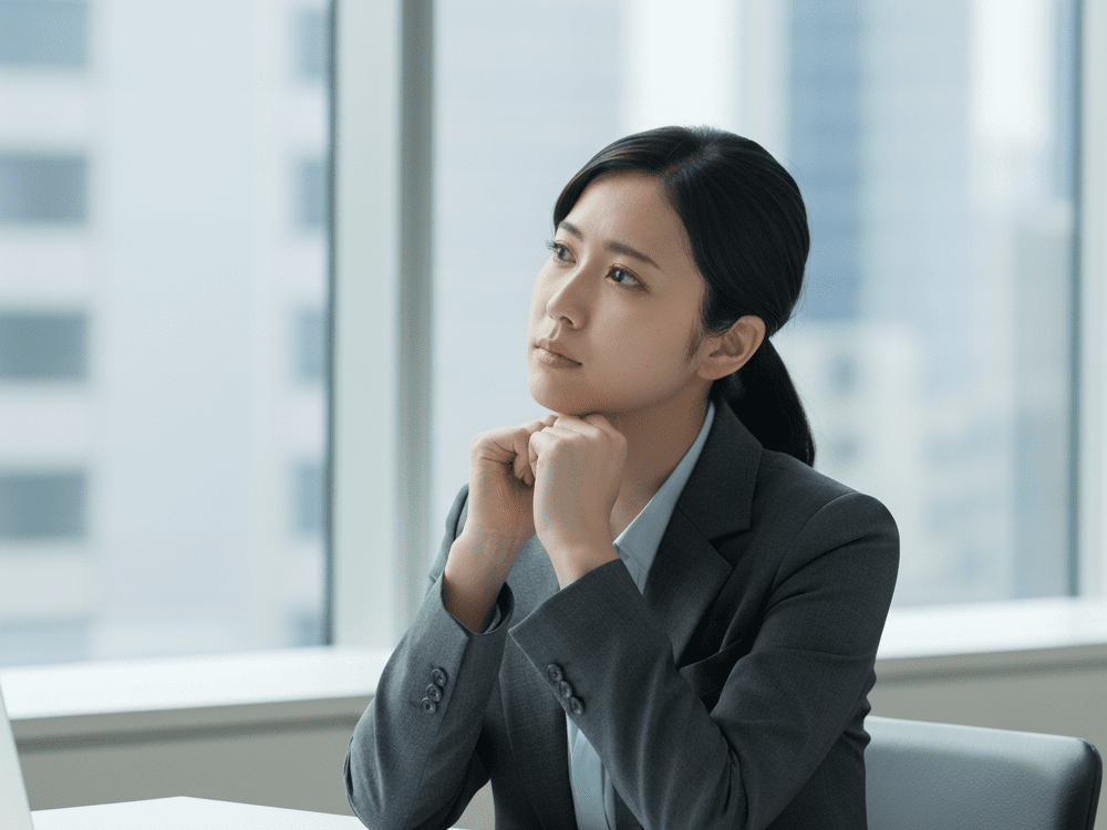 スーツ姿で悩んでいる女性の画像