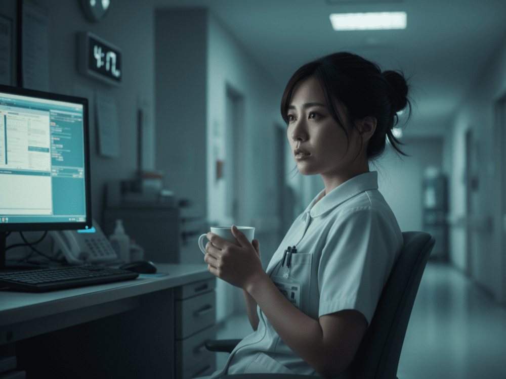 夜勤の休憩中に悩んでいる看護師