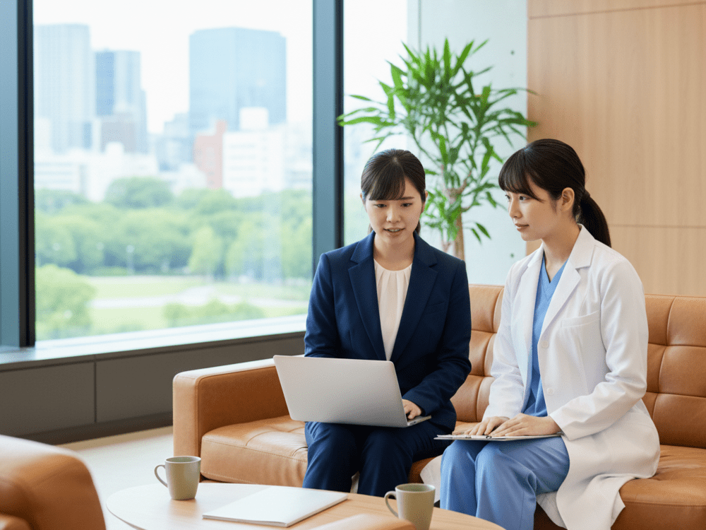 病院でCRCと打ち合わせをするCRAの画像