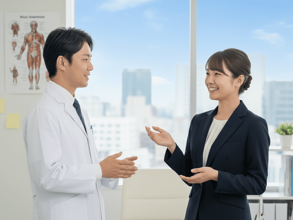 医師と会話するMRの女性