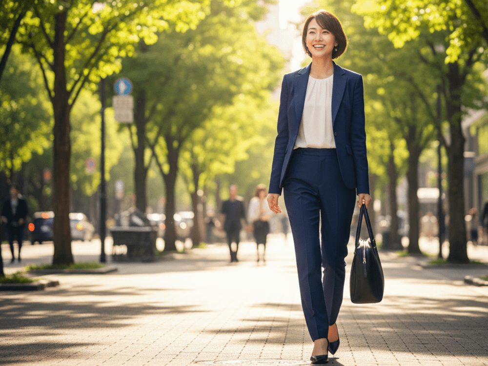 街路樹を歩くスーツの女性の画像