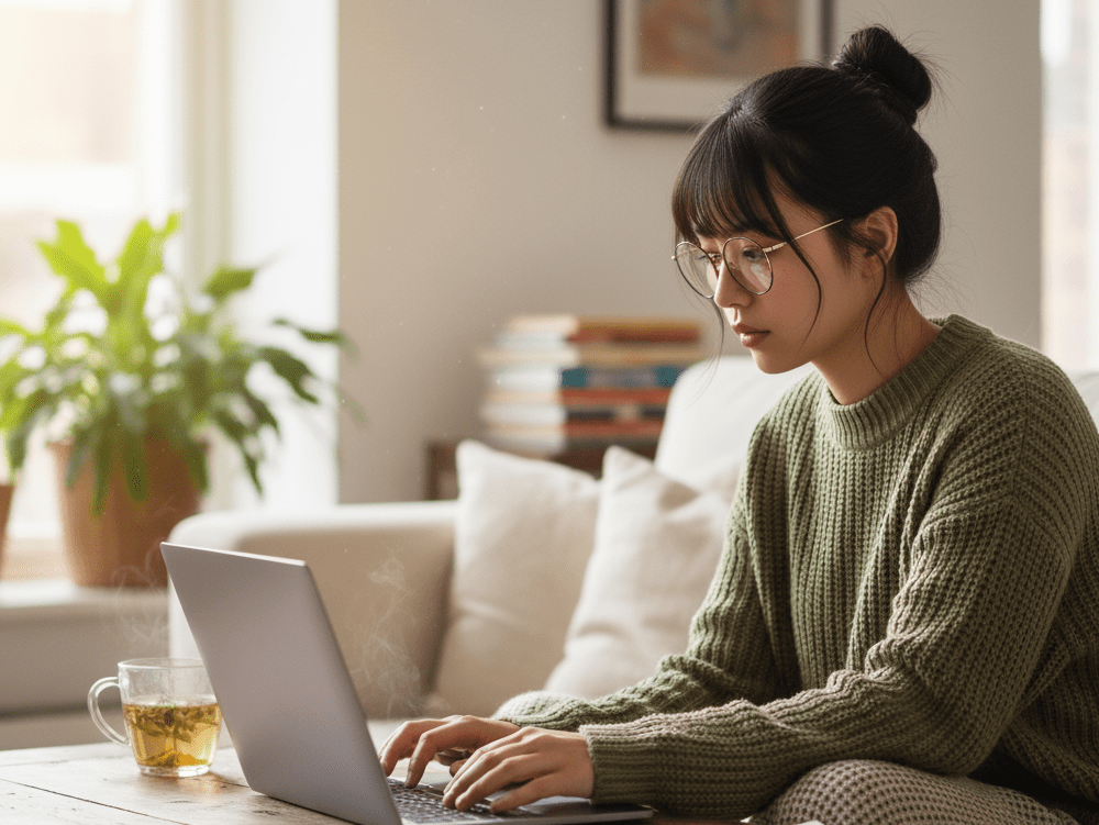 在宅でパソコン作業をするk女性の画像