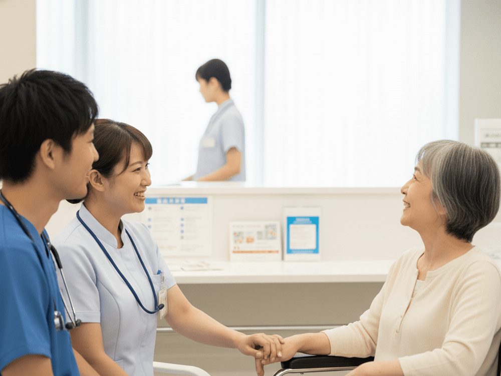 車いすの患者さんと話をする看護師の画像