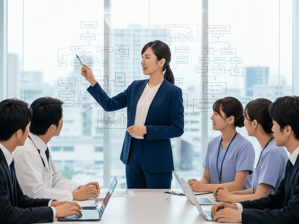 医療従事者に説明をしているコンサルタントの画像