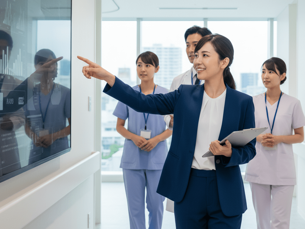 歩きながら医療従事者に説明をしているコンサルタントの画像
