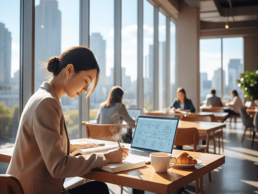 朝カフェで学習する女性の画像