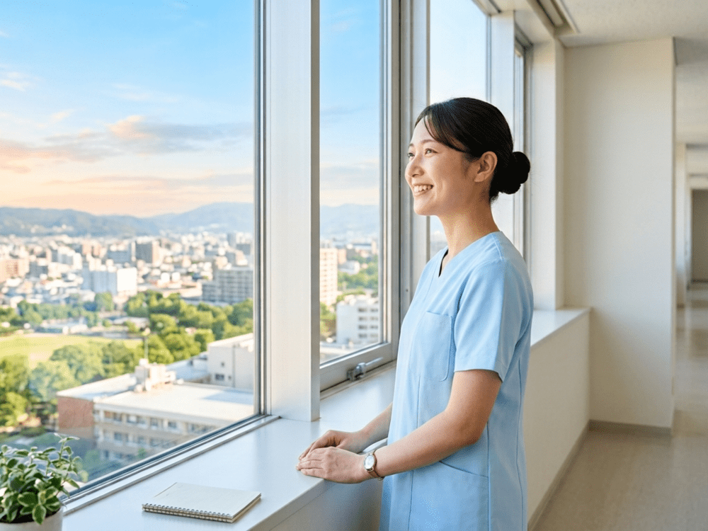 明るい空を笑顔でみる看護師の女性