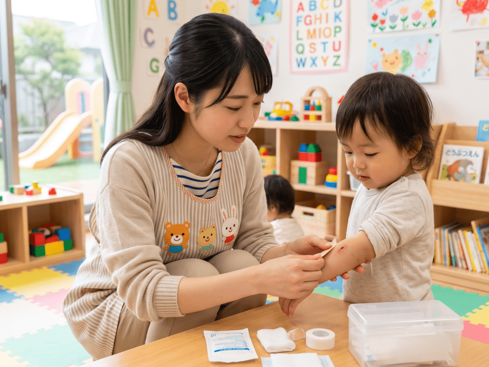 保育園で傷の手当をする女性